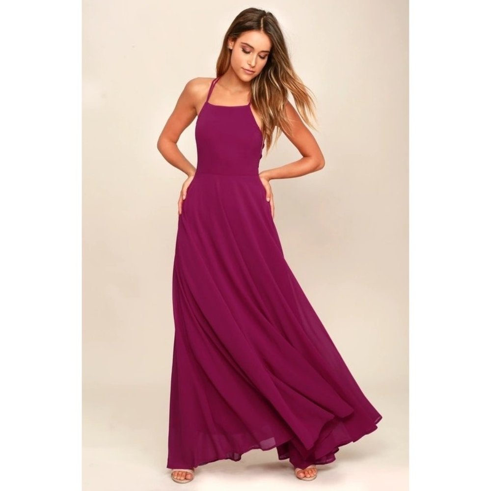 Lulus Women's Sz. S Strappy To Be Here Magenta Lace-Up Maxi Dress - Picture 2 of 10